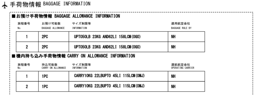 ANA eチケットの手荷物情報