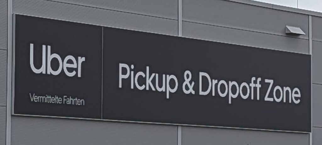 Uber Pickup and Dropoff Zone sign at Frankfurt Airport Terminal 1, verified March 2026